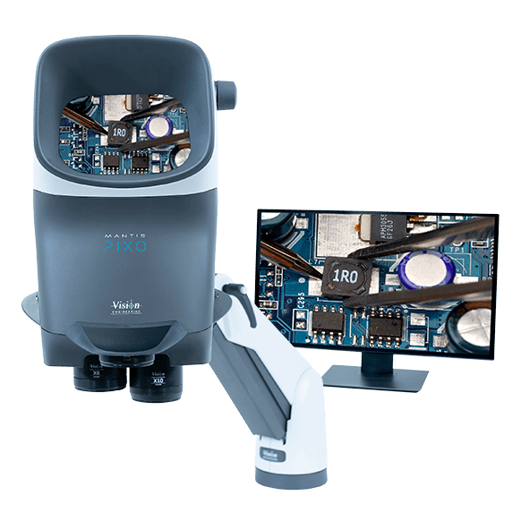  Microscopio estéreomicrosopio Mantis PIXO que muestra la reelaboración de PCB en el monitor